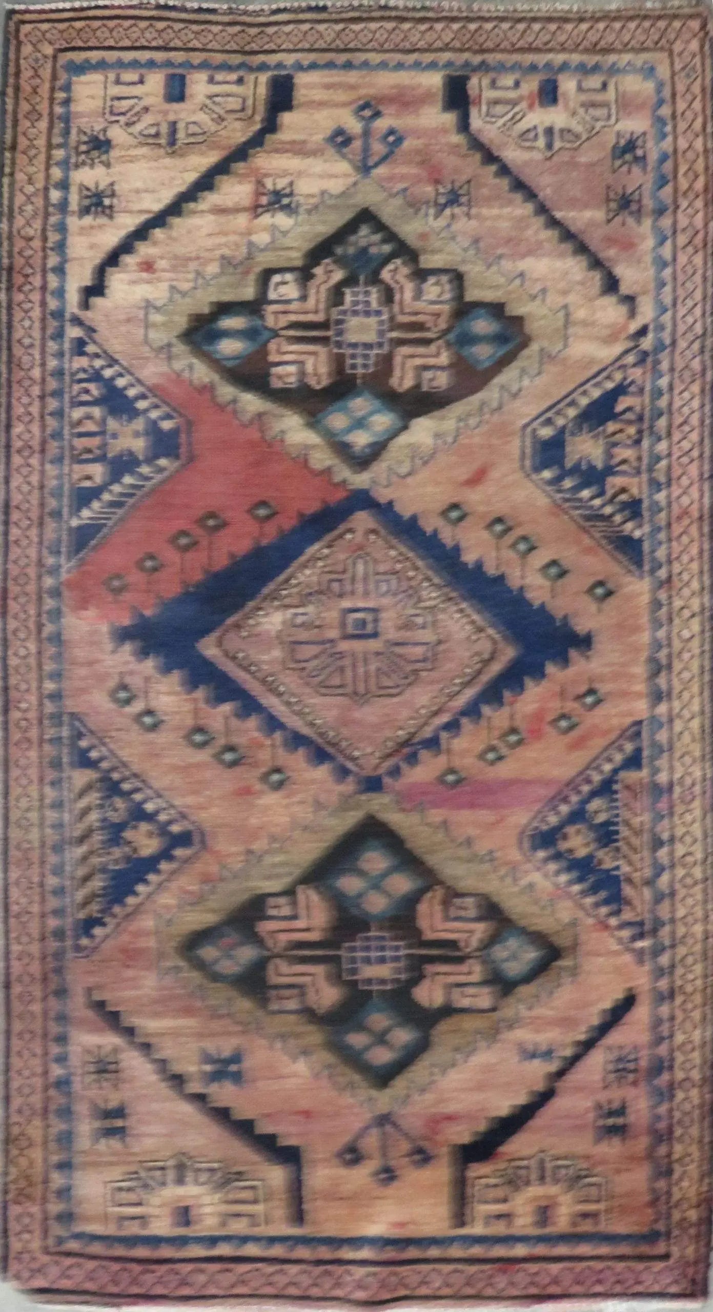 One Of The Kind Hand-Knotted Persian Wool Rug _ Luxurious Vintage Design, 7'1" x 3'8", Artisan Crafted